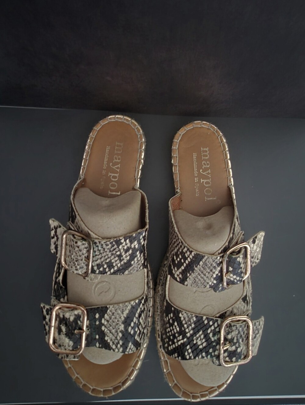 Maypol Women's Snakeskin Buckle Slide Sandals in Black/Tan
